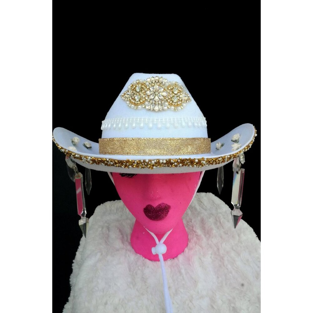 Gold & White Glass Hanging Cowgirl Hat